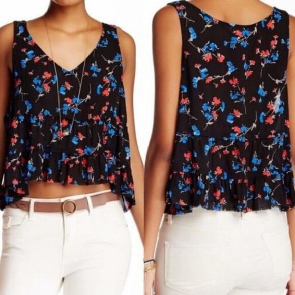 Free People Tiered Floral Crop Top Crinkle Flowy Size XS Tank Boho Y2K Retro 90s - Picture 1 of 7